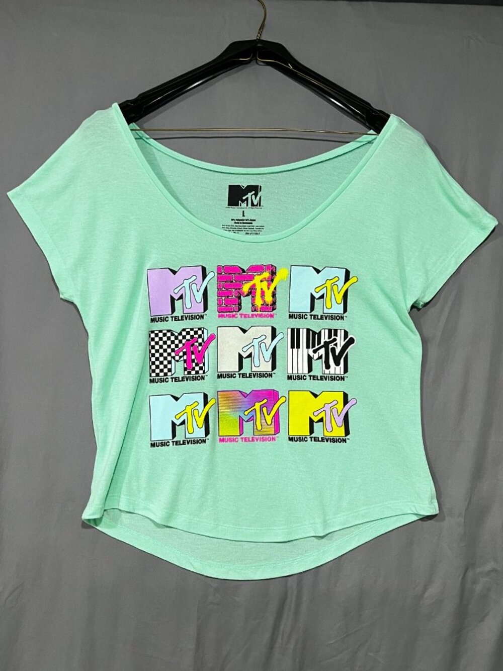 MTV Official Shirt – Neon Green – Nine Logo Design – Size L